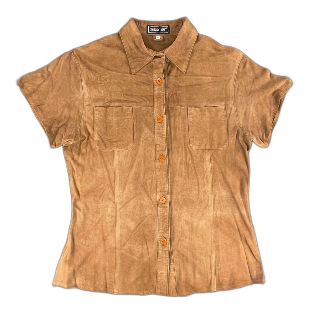 Saguaro West Suede Leather Top XL Camel Tan Western Coastal Short Sleeve Shirt